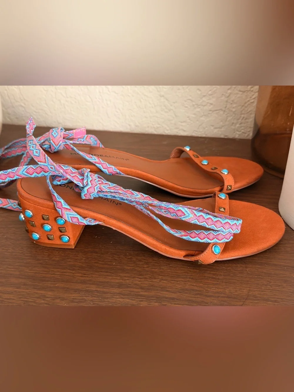 Monroe & Main size 10 Brown Lace-Up Block Heel Sandals Turquoise NEW no tags